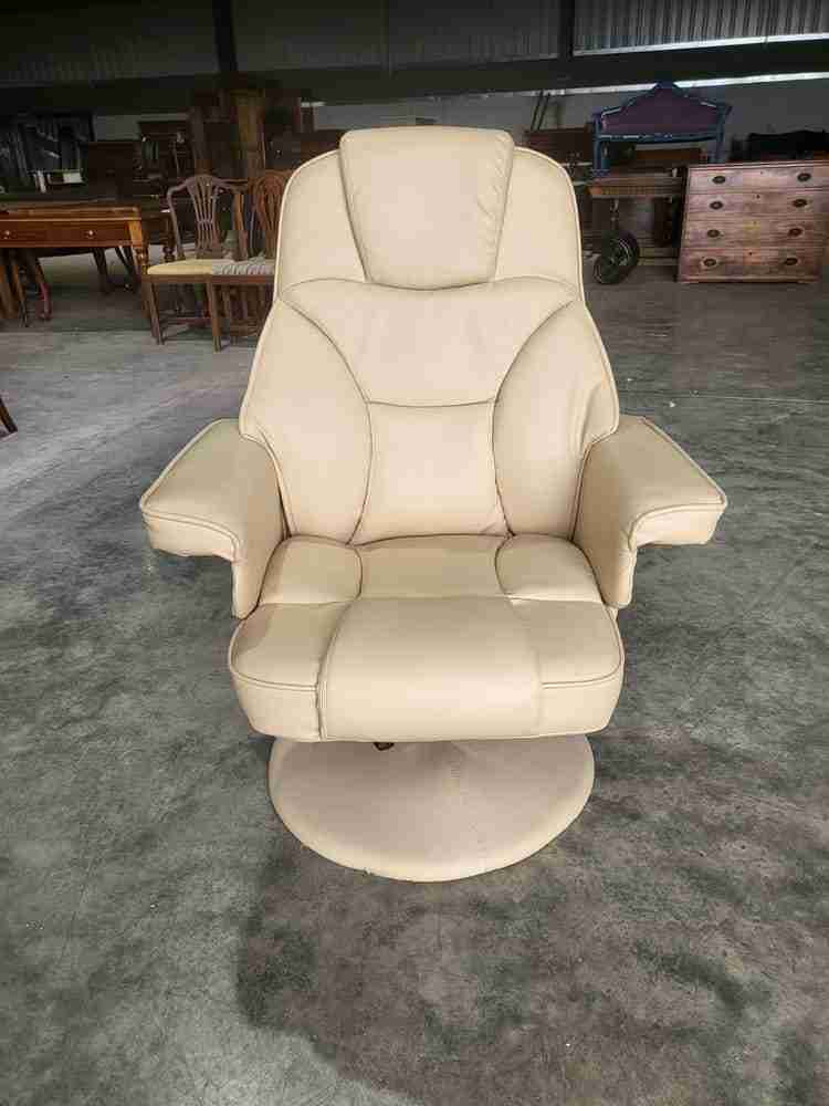 Cream swivel reclining arm chair footstool PU Leather 70's style round pedestal