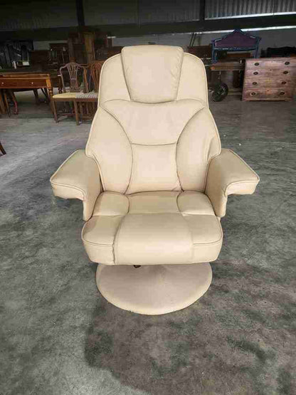 Cream swivel reclining arm chair footstool PU Leather 70's style round pedestal