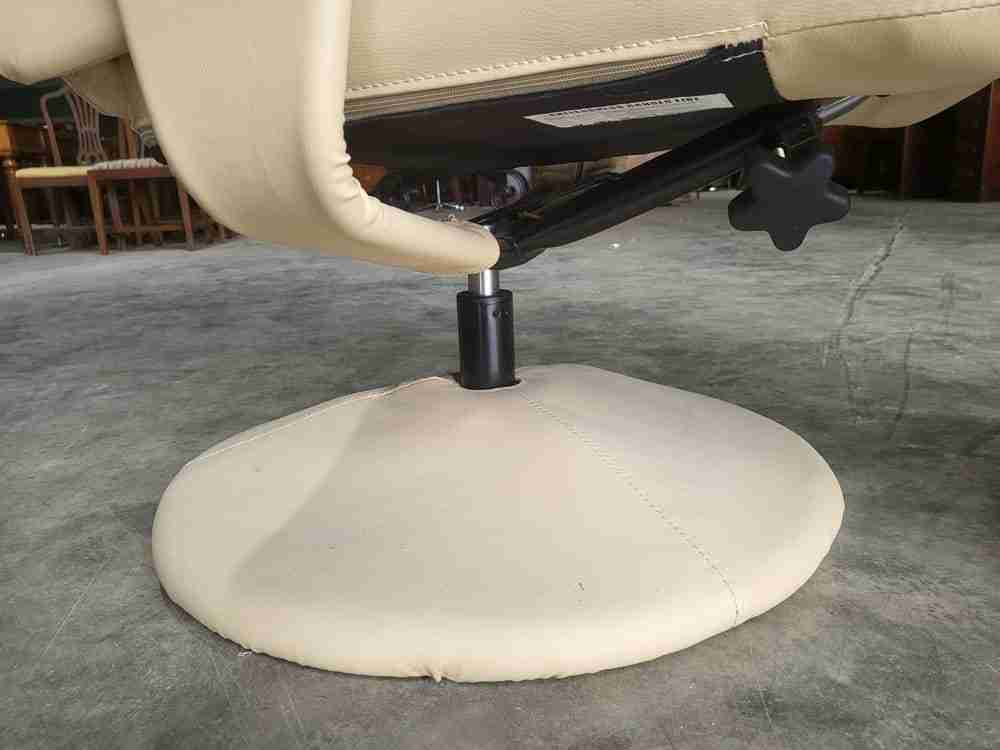 Cream swivel reclining arm chair footstool PU Leather 70's style round pedestal