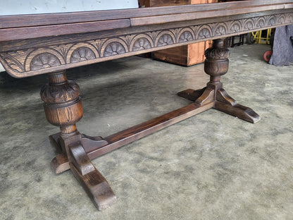 Vintage dark oak large extending pedestal dining table seat 12