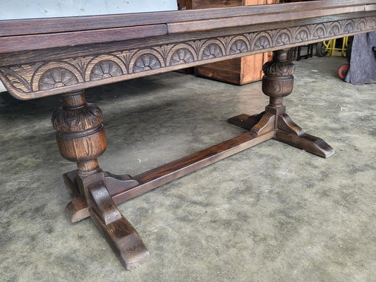 Vintage dark oak large extending pedestal dining table seat 12