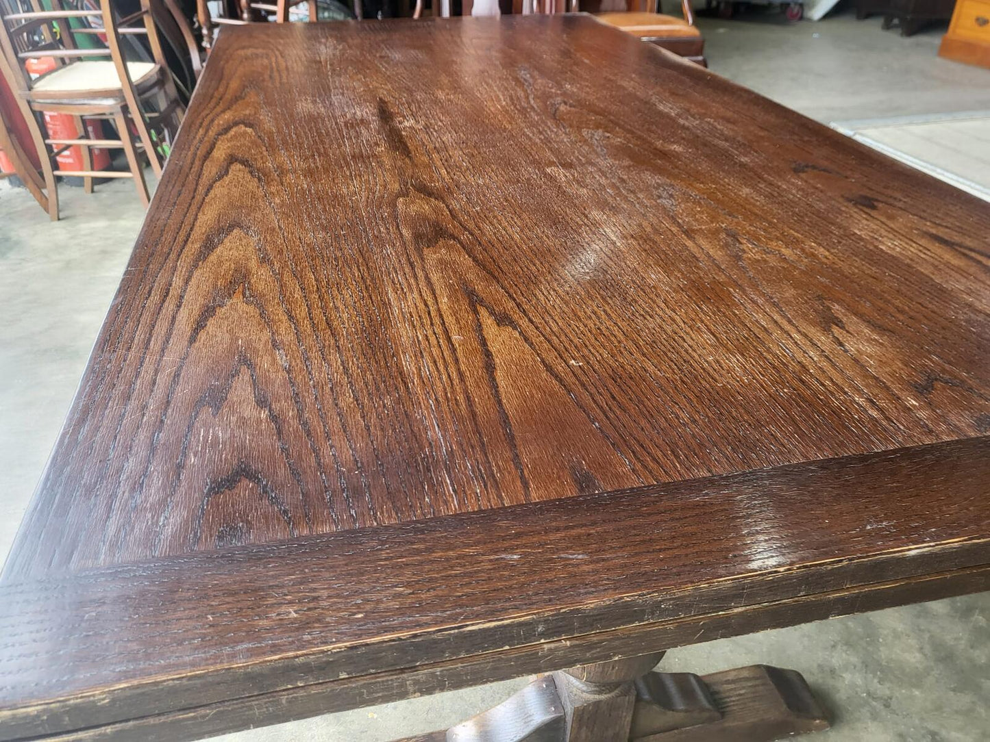 Vintage dark oak large extending pedestal dining table seat 12