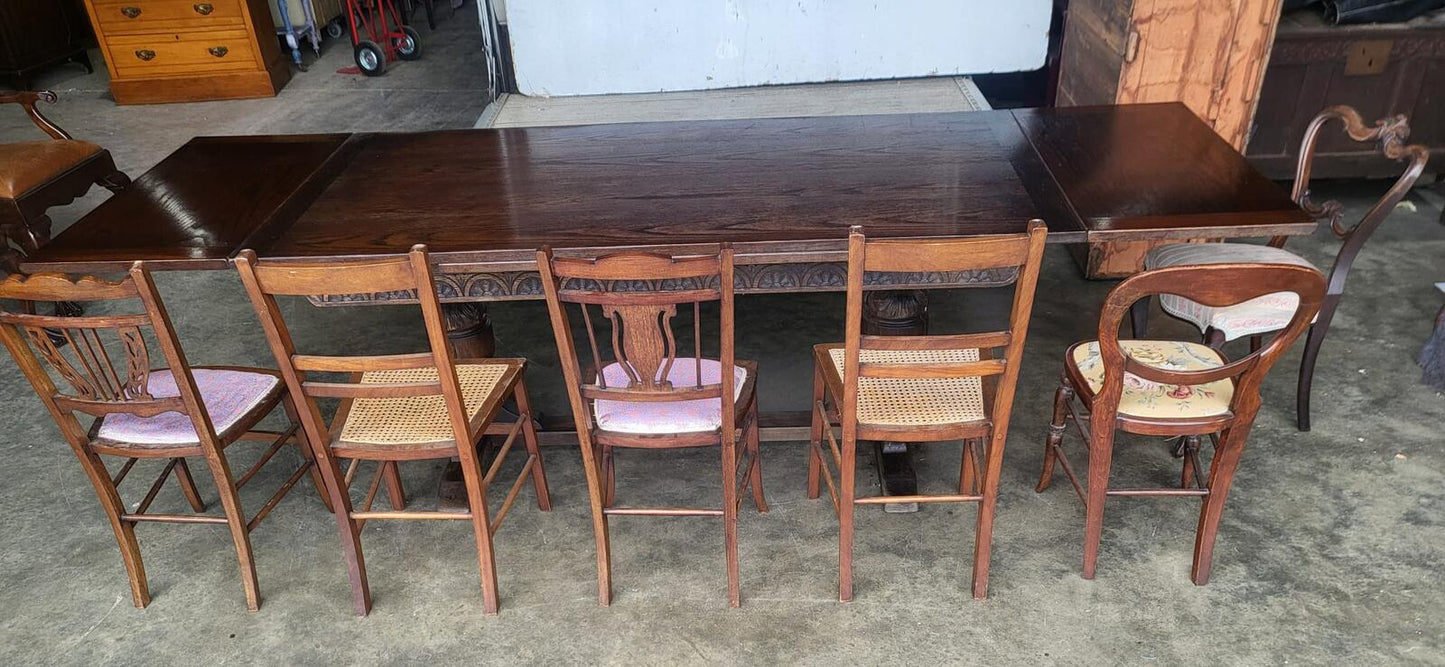 Vintage dark oak large extending pedestal dining table seat 12