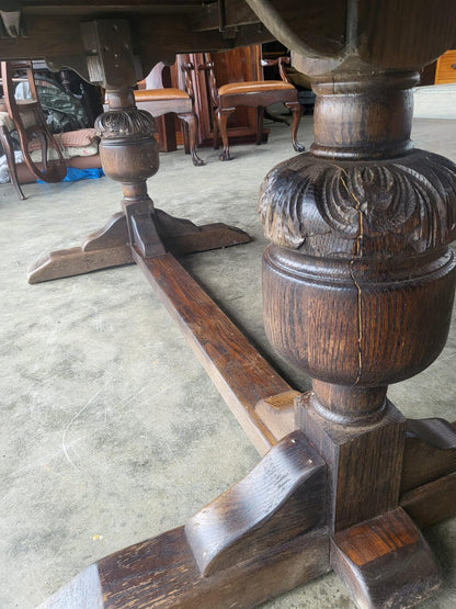 Vintage dark oak large extending pedestal dining table seat 12