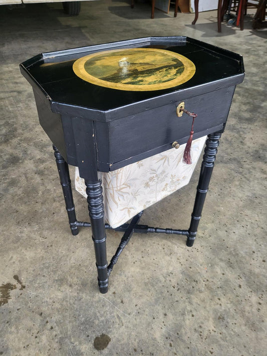 Antique ebonised work sewing side end lamp table