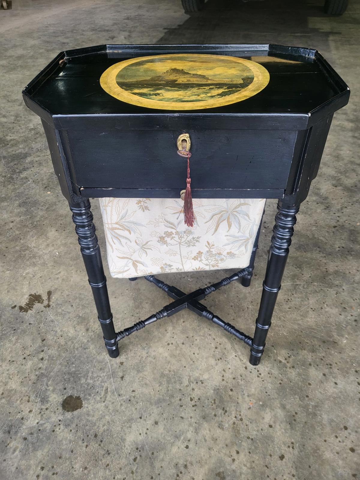 Antique ebonised work sewing side end lamp table