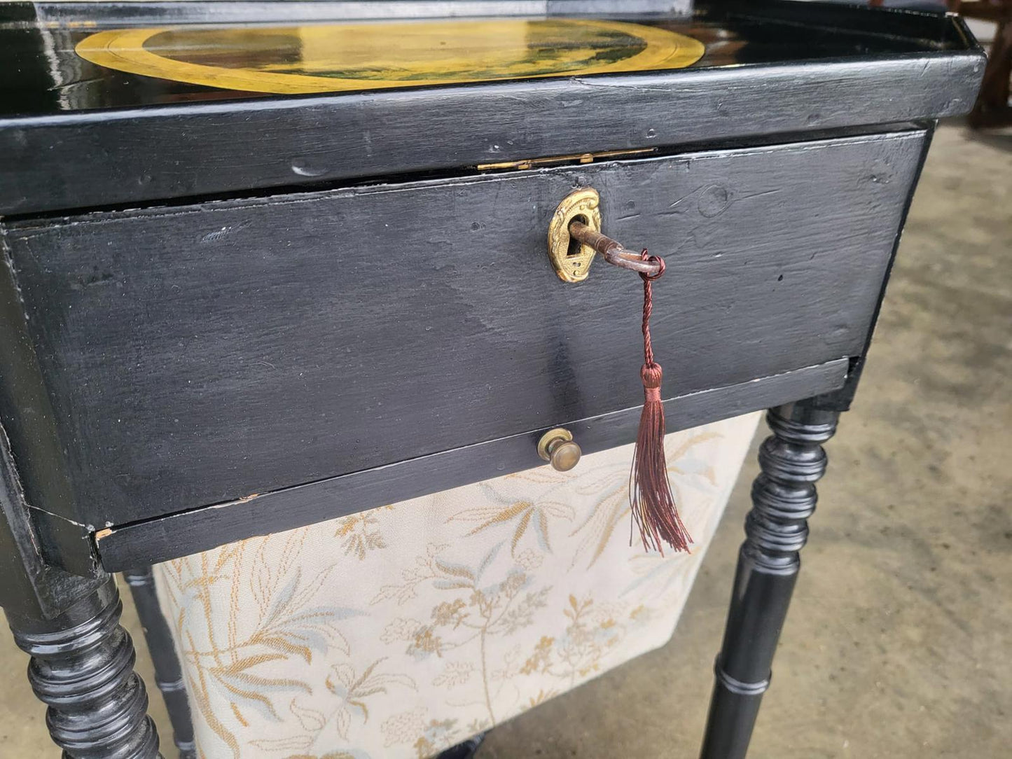 Antique ebonised work sewing side end lamp table