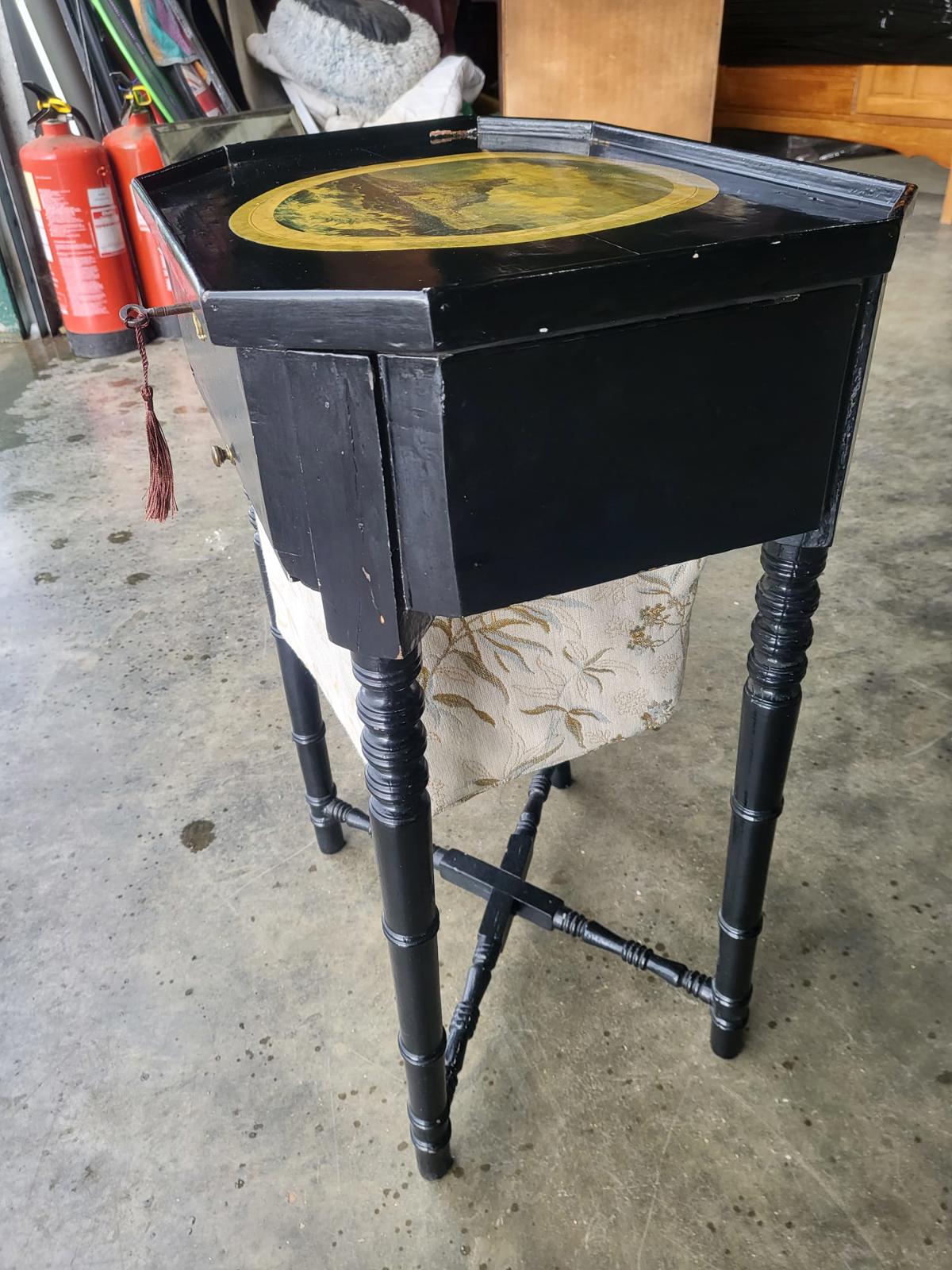 Antique ebonised work sewing side end lamp table