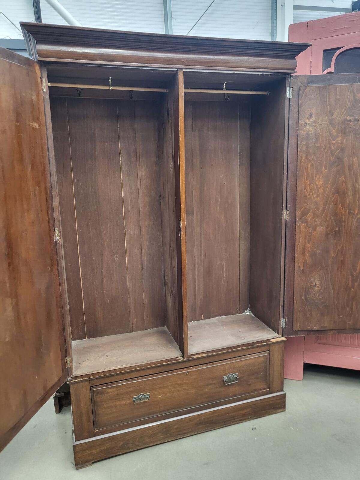 Antique Edwardian carved double wardrobe mirrored doors drawer