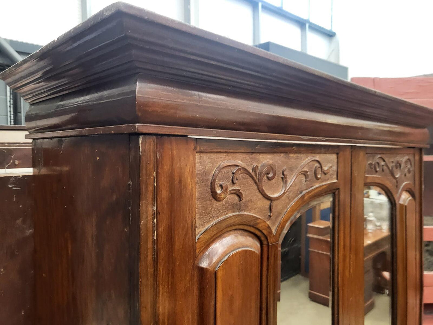 Antique Edwardian carved double wardrobe mirrored doors drawer