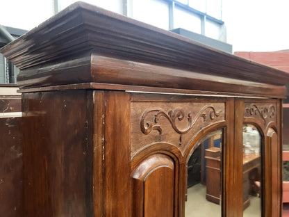 Antique Edwardian carved double wardrobe mirrored doors drawer