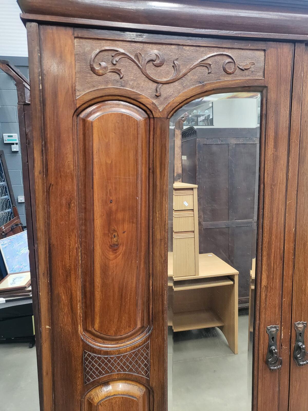 Antique Edwardian carved double wardrobe mirrored doors drawer