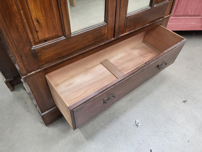 Antique Edwardian carved double wardrobe mirrored doors drawer