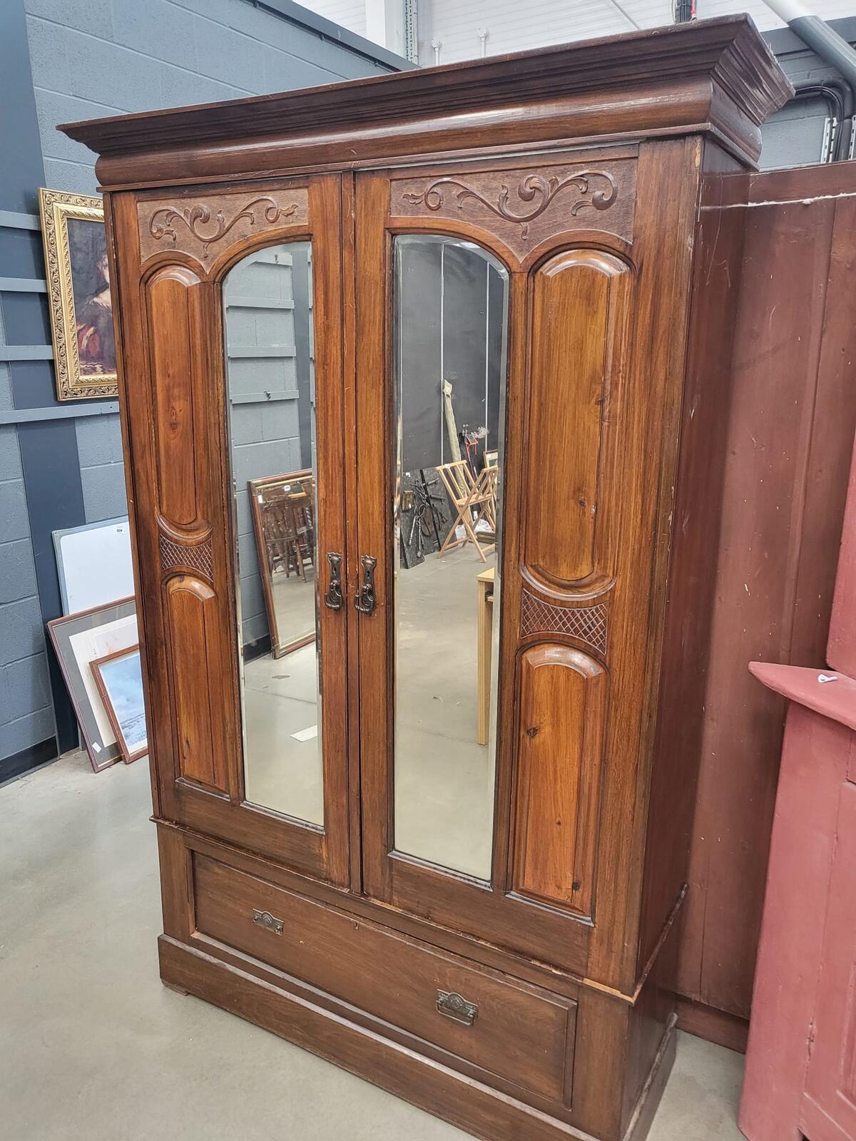 Antique Edwardian carved double wardrobe mirrored doors drawer