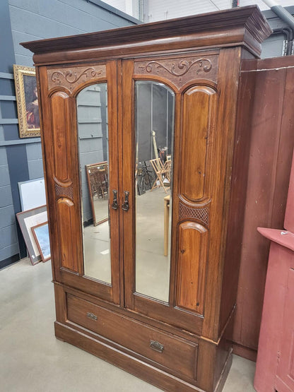 Antique Edwardian carved double wardrobe mirrored doors drawer