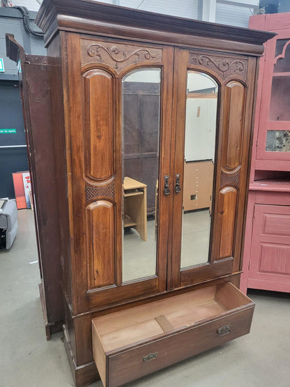 Antique Edwardian carved double wardrobe mirrored doors drawer