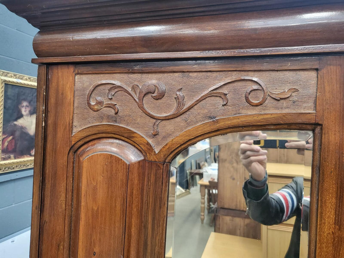 Antique Edwardian carved double wardrobe mirrored doors drawer