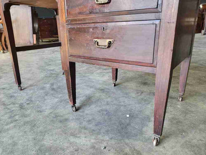 Antique Edwardian single pedestal desk 4 drawers tapered legs castors