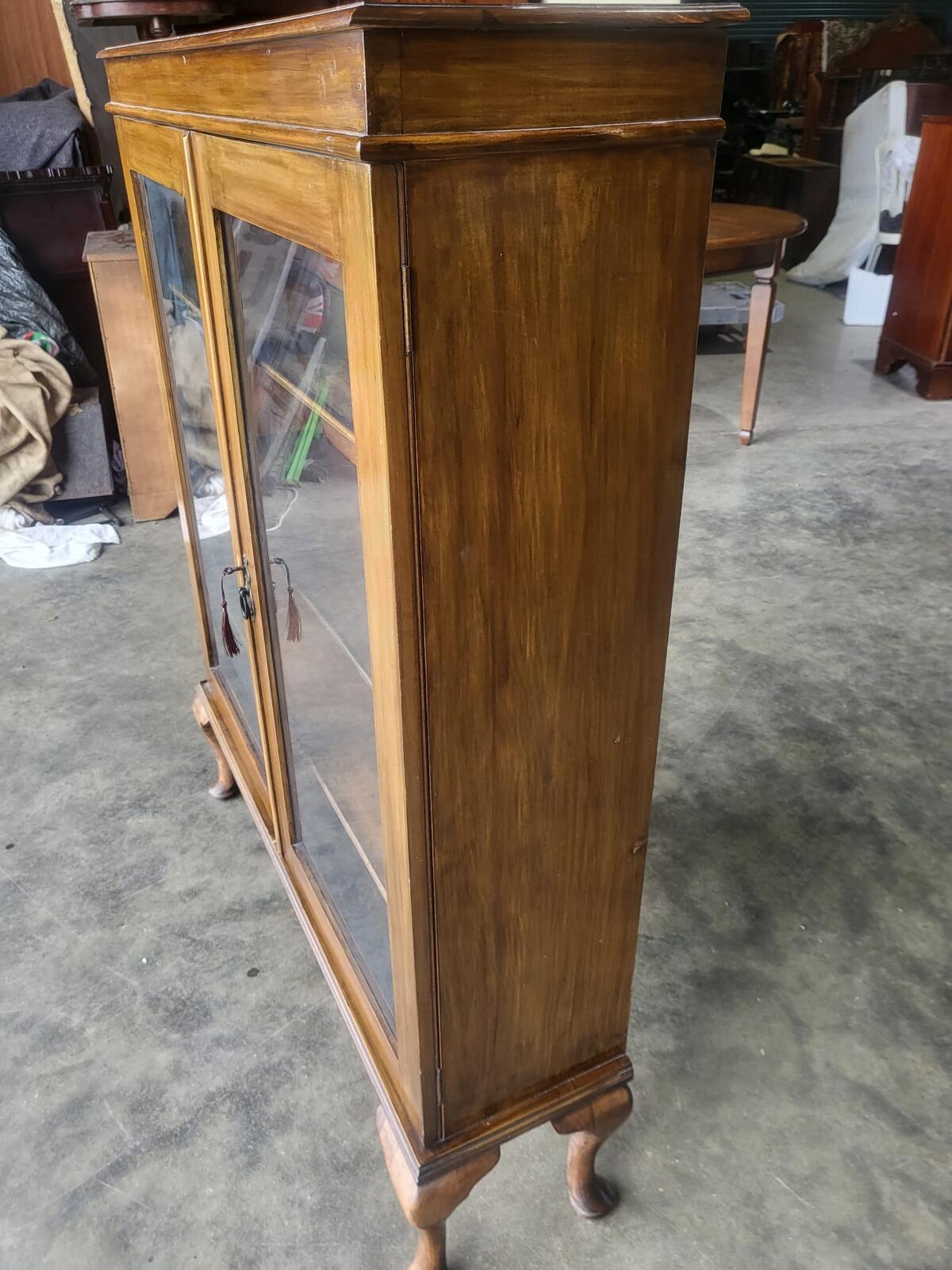 Antique Edwardian glazed bookcase cabinet shelves cabriole legs