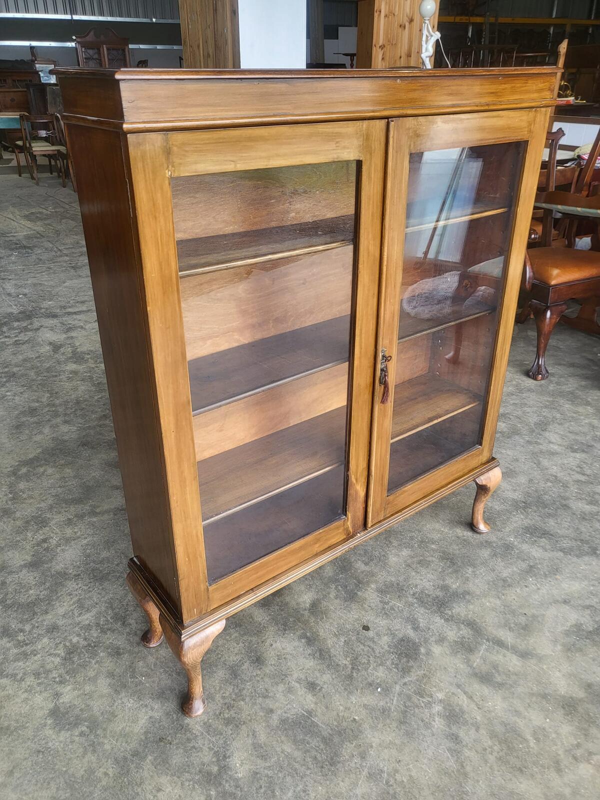 Antique Edwardian glazed bookcase cabinet shelves cabriole legs