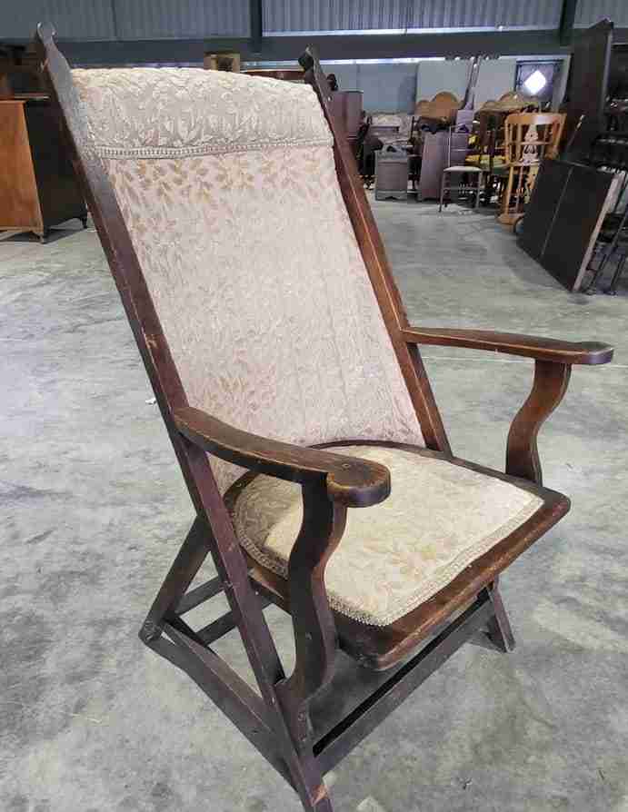 Antique Edwardian high back wood frame arm chair gold fabric
