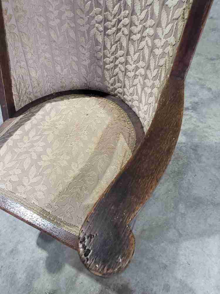Antique Edwardian high back wood frame arm chair gold fabric