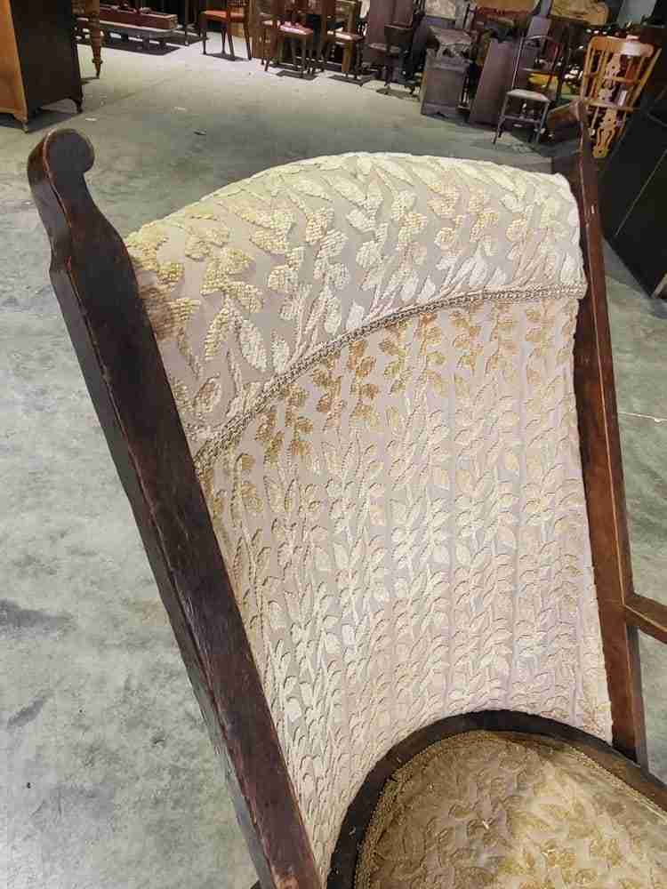 Antique Edwardian high back wood frame arm chair gold fabric