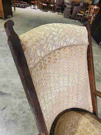Antique Edwardian high back wood frame arm chair gold fabric