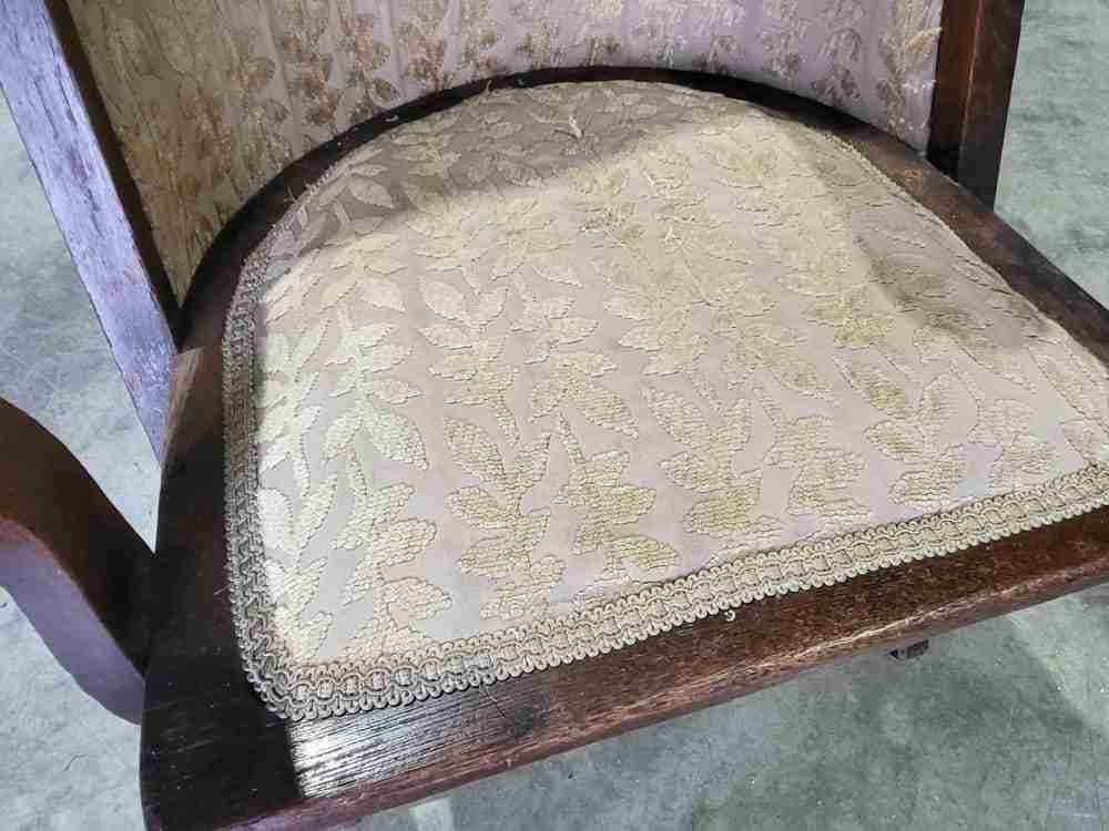 Antique Edwardian high back wood frame arm chair gold fabric