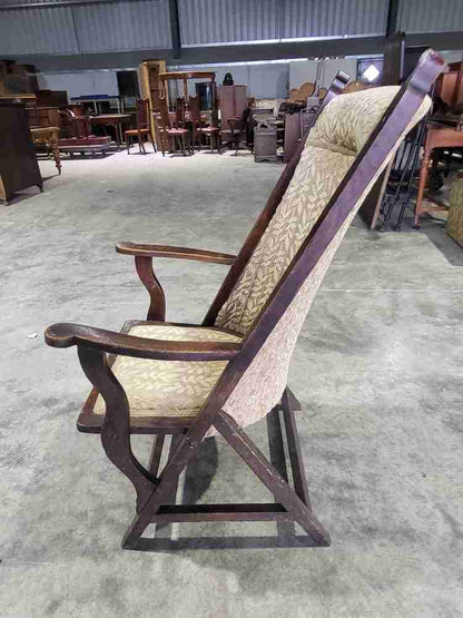 Antique Edwardian high back wood frame arm chair gold fabric
