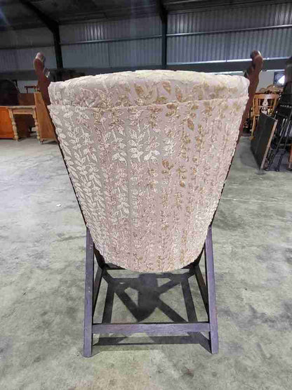 Antique Edwardian high back wood frame arm chair gold fabric