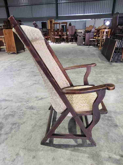 Antique Edwardian high back wood frame arm chair gold fabric