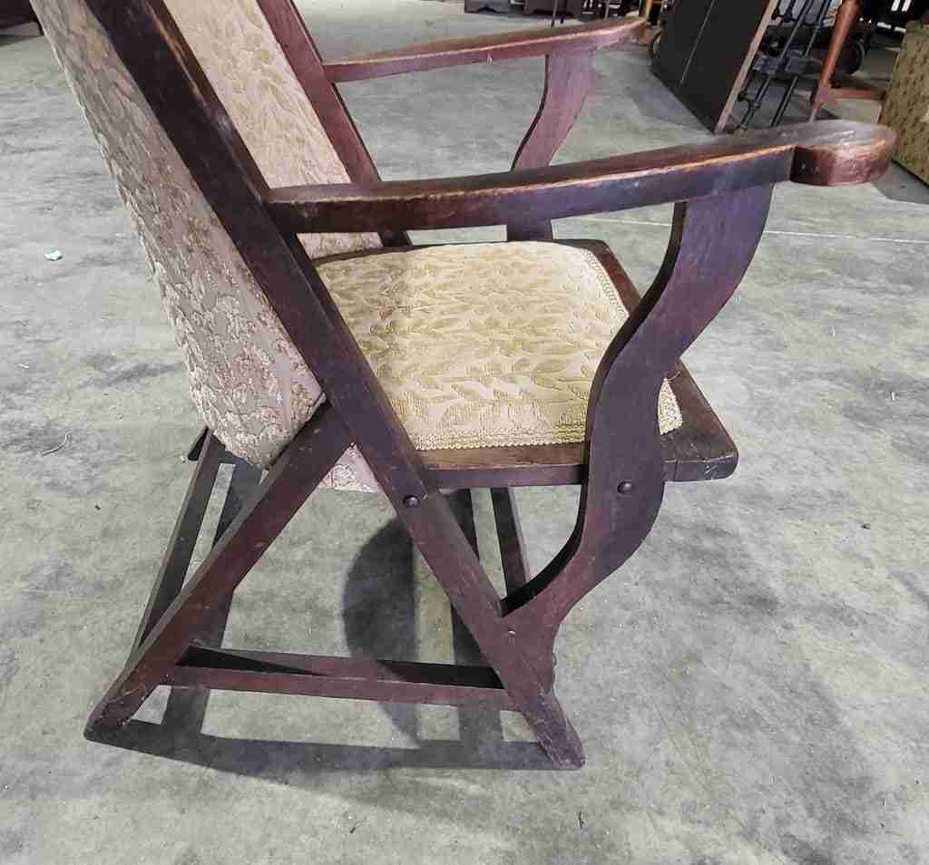 Antique Edwardian high back wood frame arm chair gold fabric