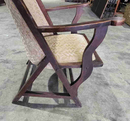 Antique Edwardian high back wood frame arm chair gold fabric