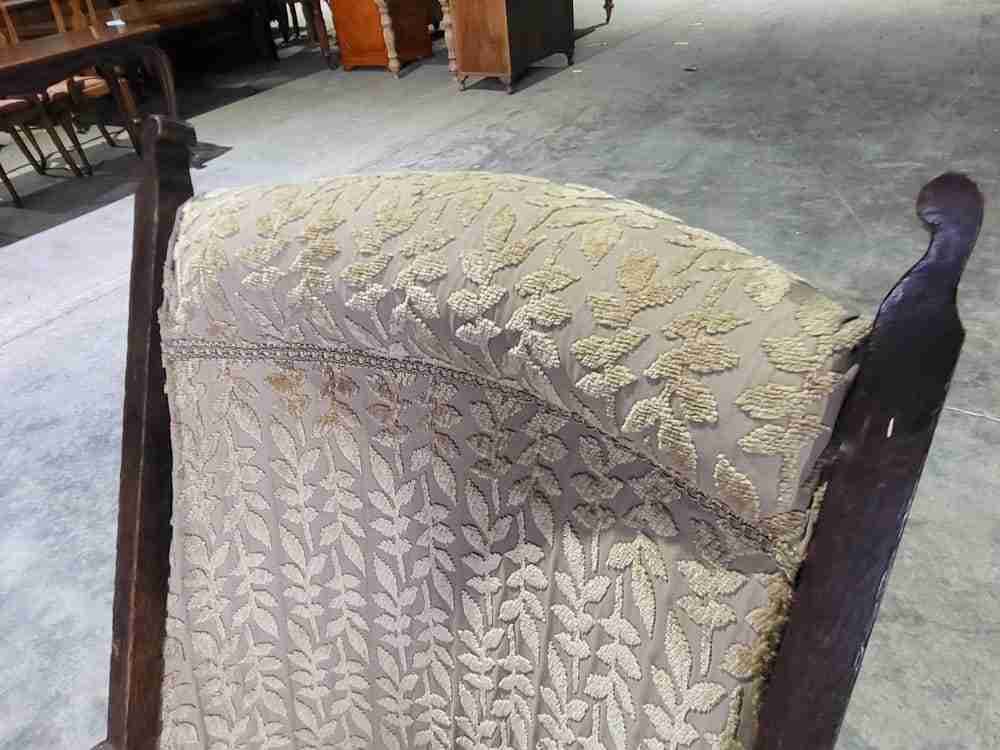 Antique Edwardian high back wood frame arm chair gold fabric