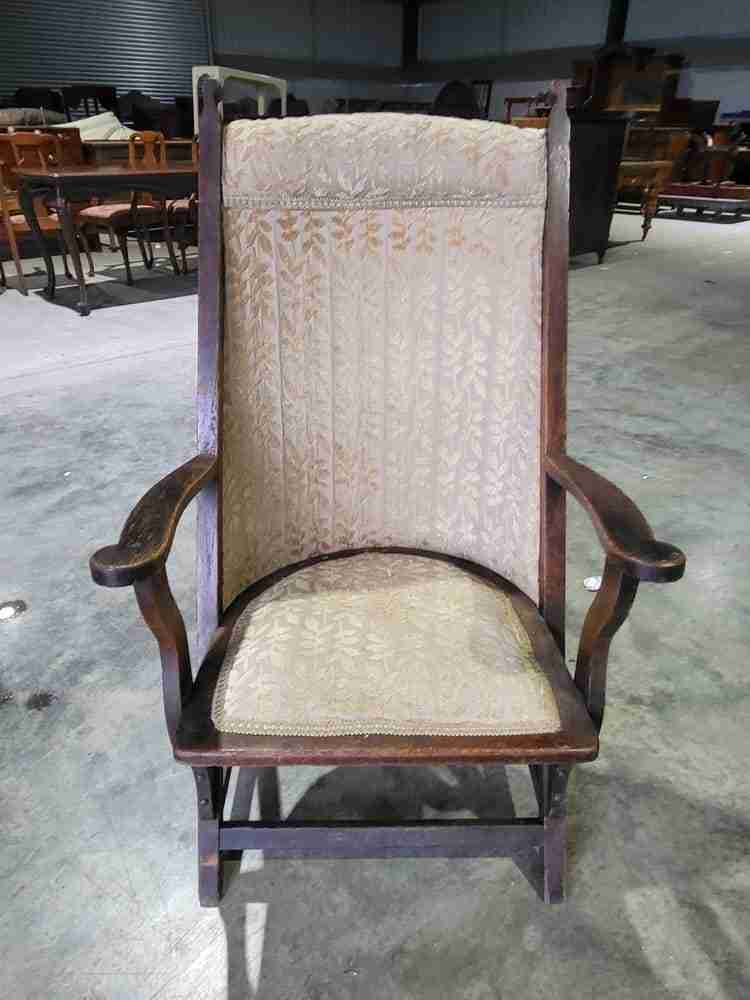 Antique Edwardian high back wood frame arm chair gold fabric