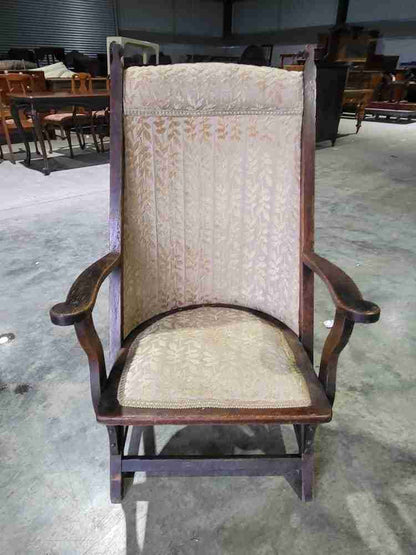 Antique Edwardian high back wood frame arm chair gold fabric