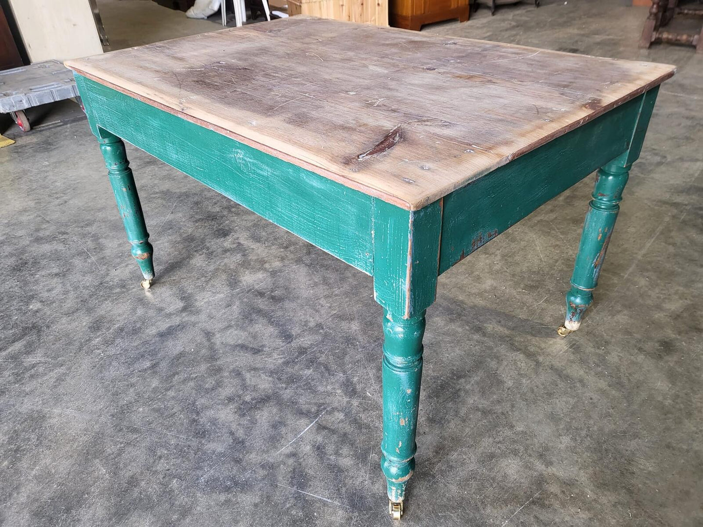 Antique Edwardian kitchen dining table castors seat 6 green