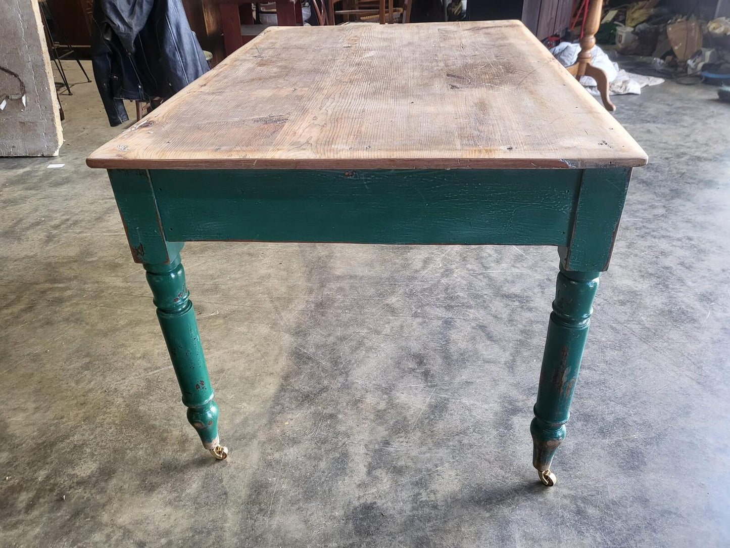 Antique Edwardian kitchen dining table castors seat 6 green