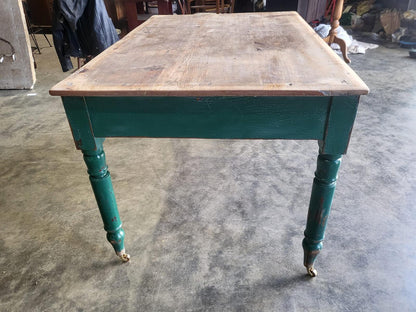 Antique Edwardian kitchen dining table castors seat 6 green