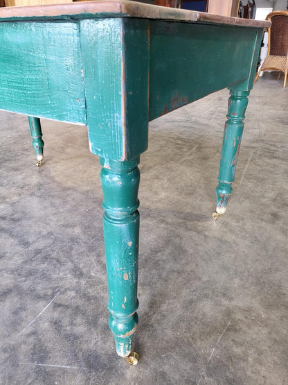 Antique Edwardian kitchen dining table castors seat 6 green