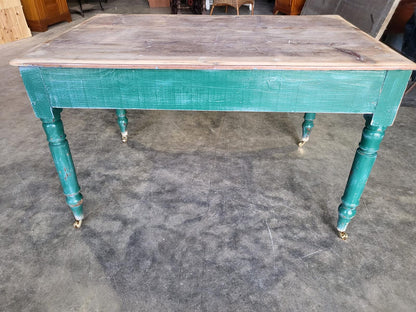 Antique Edwardian kitchen dining table castors seat 6 green