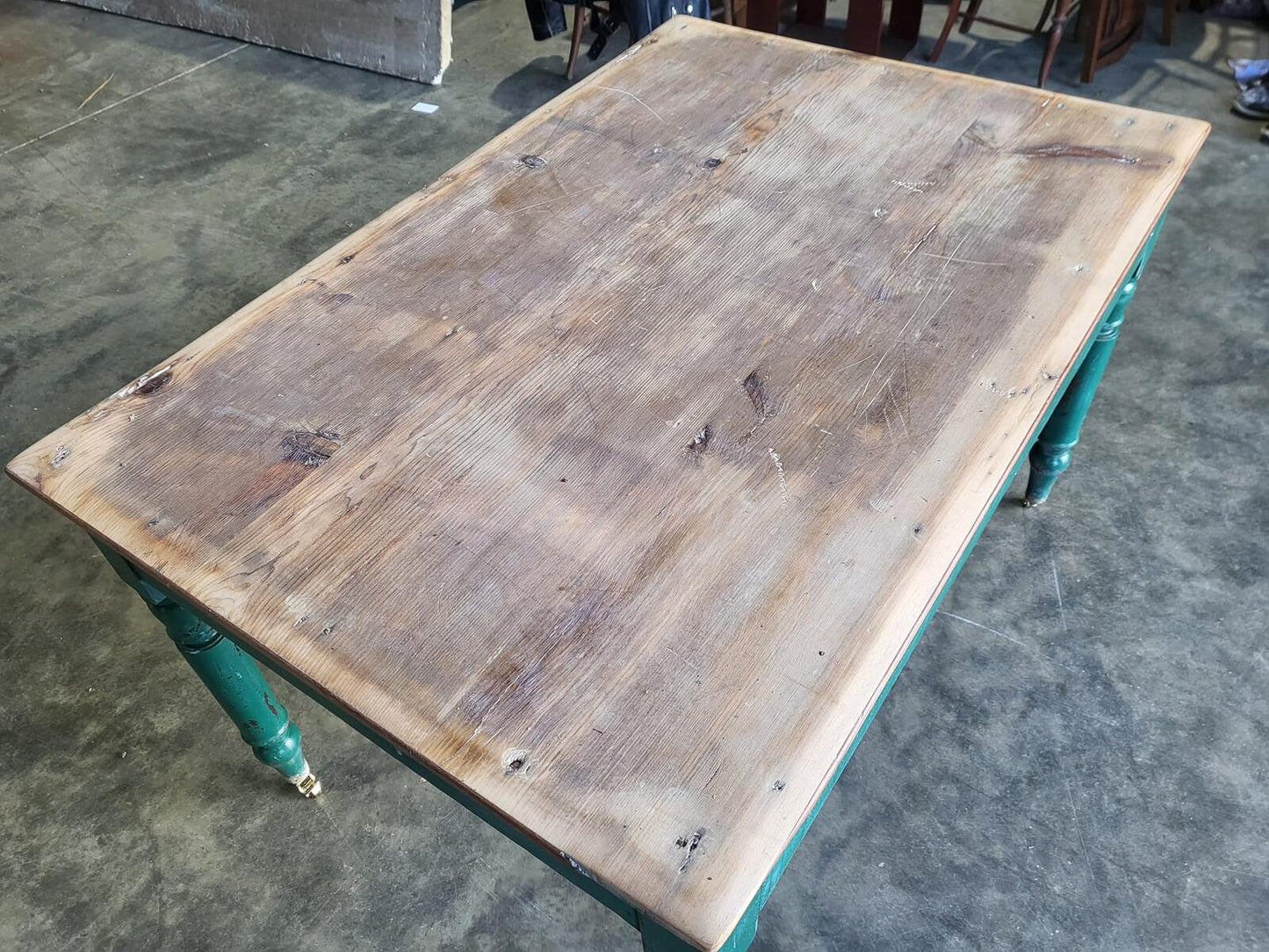 Antique Edwardian kitchen dining table castors seat 6 green