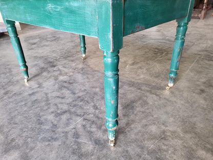 Antique Edwardian kitchen dining table castors seat 6 green