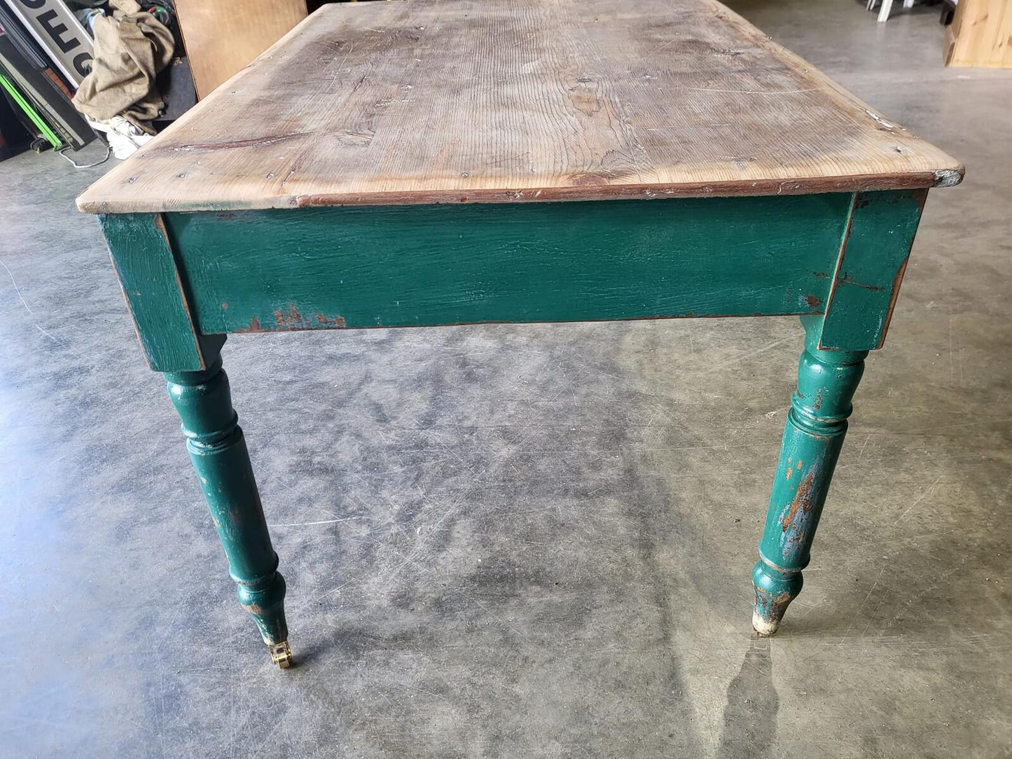 Antique Edwardian kitchen dining table castors seat 6 green