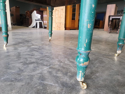 Antique Edwardian kitchen dining table castors seat 6 green