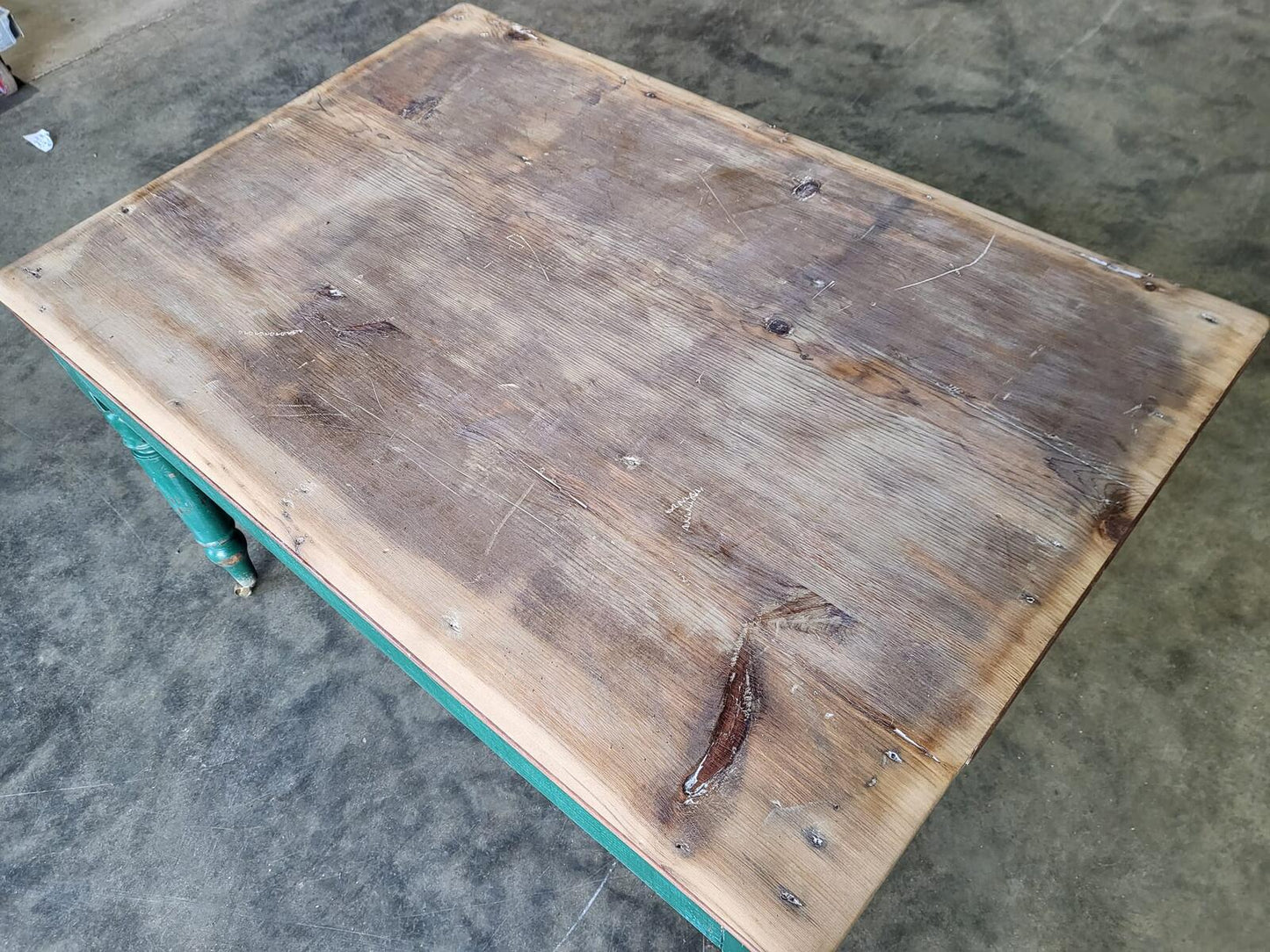 Antique Edwardian kitchen dining table castors seat 6 green