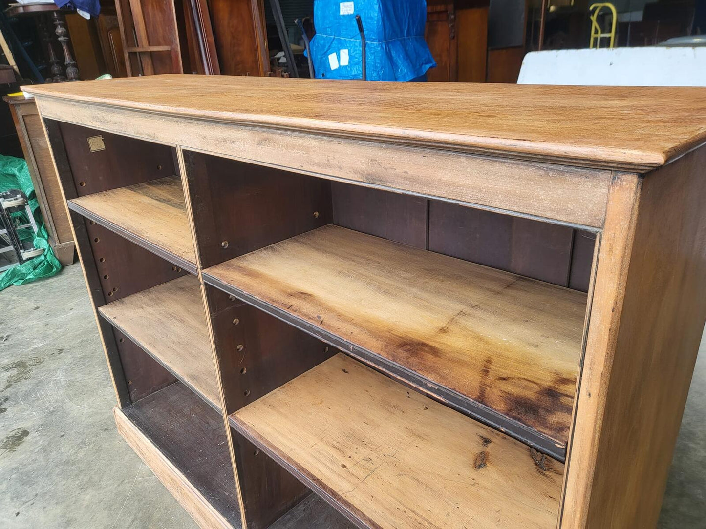 Antique Edwardian oak low open bookcase adjustable shelves