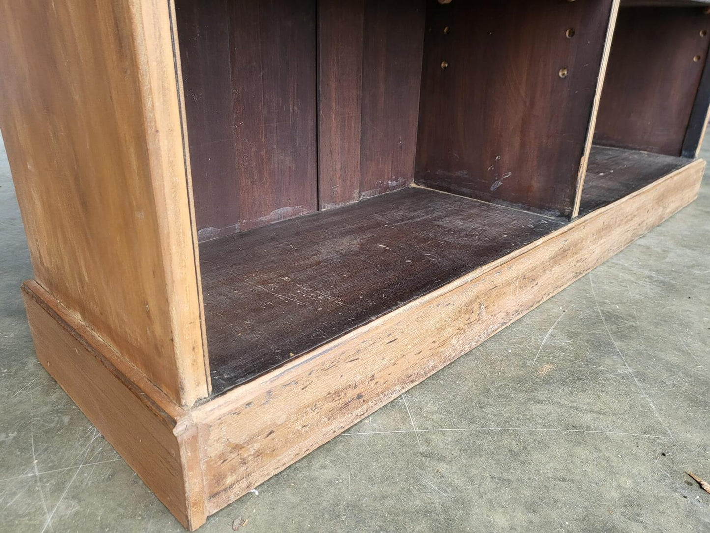 Antique Edwardian oak low open bookcase adjustable shelves