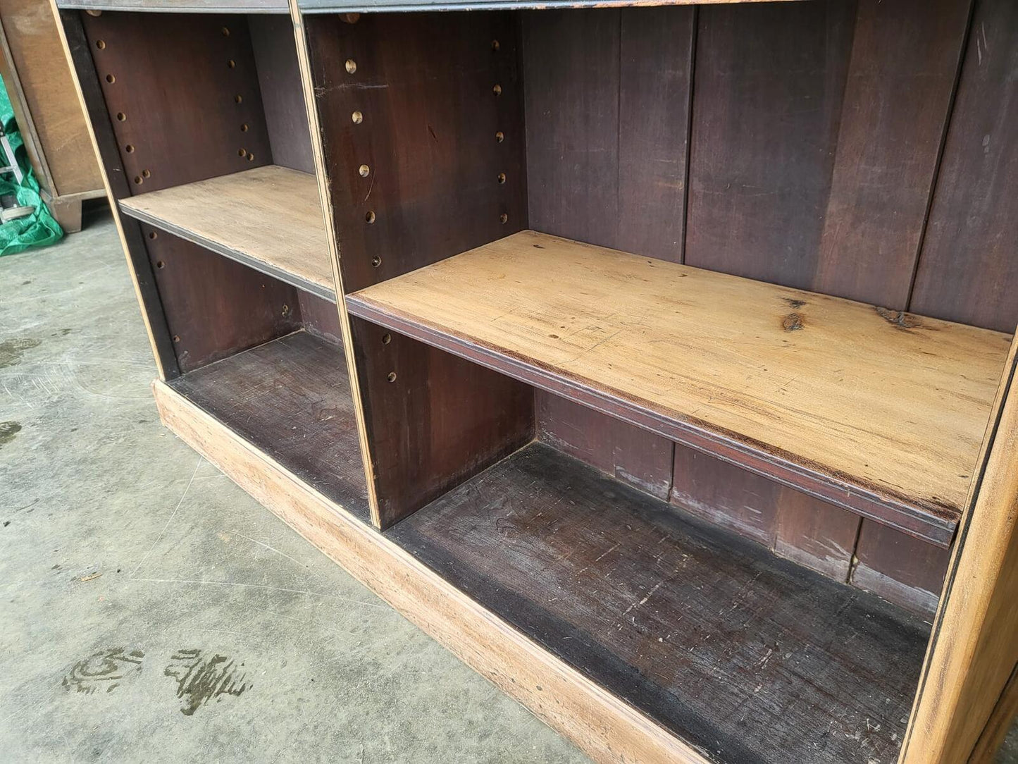 Antique Edwardian oak low open bookcase adjustable shelves